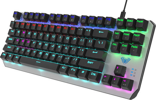 Aula F-2067 Gaming Tastatură Mecanică Tenkeyless cu Custom Blue comutatoare și iluminare RGB (Engleză US) Argintiu