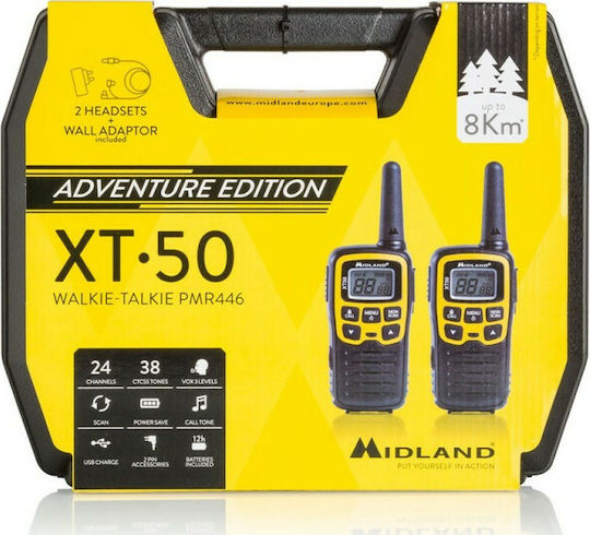 Midland XT50 Adventure Ασύρματος Πομποδέκτης PMR 0.5W με Μονόχρωμη Οθόνη Σετ 2τμχ Σε Κίτρινο Χρώμα