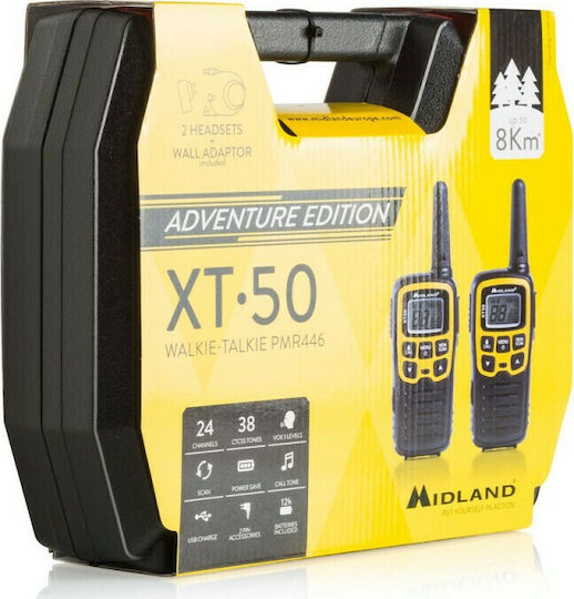 Midland XT50 Adventure Ασύρματος Πομποδέκτης PMR 0.5W με Μονόχρωμη Οθόνη Σετ 2τμχ Σε Κίτρινο Χρώμα
