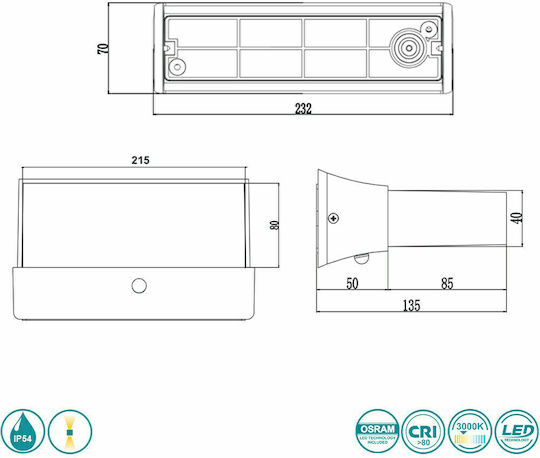 Trio Lighting Cuando Επιτοίχια Εξωτερική Πλαφονιέρα LED IP65 11W με Θερμό Λευκό Φως Διπλής Δέσμης 23.2x13.5x7εκ.