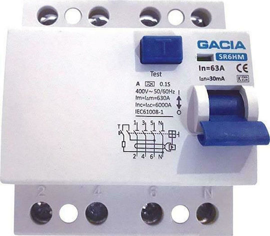Gacia Phase 4-Pole Earth Leakage Relay 63A 400V 4Χ63Α 30mΑ