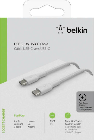 Belkin Braided USB 2.0 Cable USB-C Male - USB-C 60W PD White 1m CAB004bt1MWH