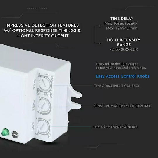 V-TAC VT-8018 Senzor De Mișcare Cu Fir Cu Microunde Unghi De Detectare 360° Rază De Acțiune 8m