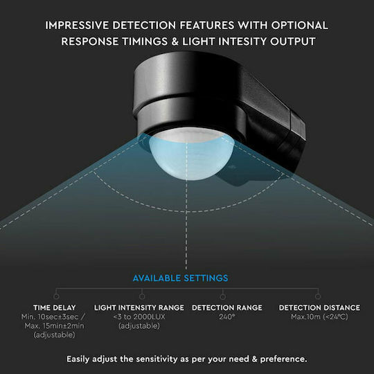 V-TAC VT-8094 Wired Infrared Motion Sensor 180° Detection Angle Scope 10m