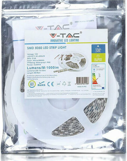 V-TAC Αδιάβροχη Ταινία LED 12V Ψυχρό Λευκό Φως 5m Τύπου SMD5050