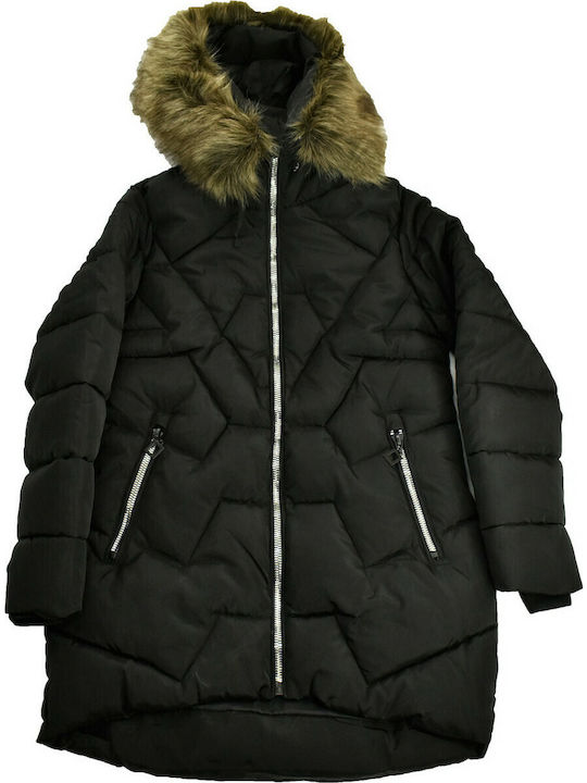 Lang Damen Puffer Jacke für Winter Schwarz