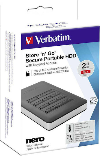 Verbatim Store 'n' Go Secure with Keypad Access USB 3.1 External 2.5" HDD 2TB Black