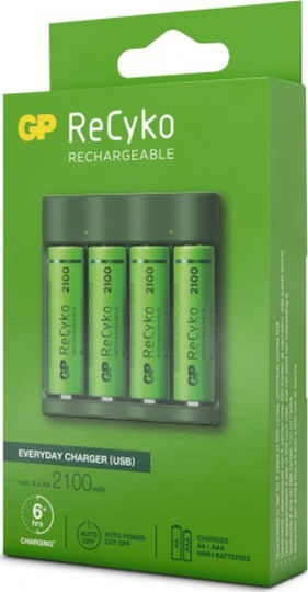 GP Batteries ReCyko B421 Charger 4 Batteries Ni-MH Size AA/AAA Set with 4x AA 2100mAh in Green color