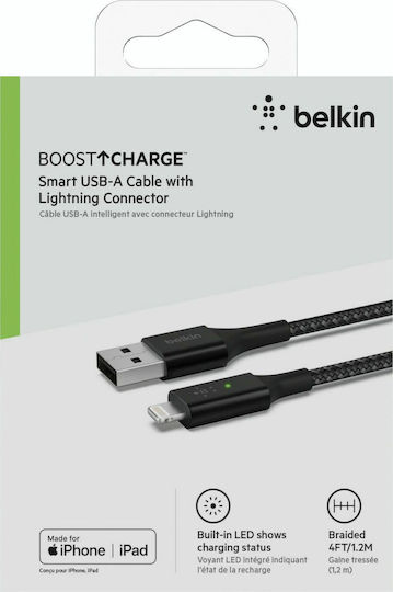 Belkin Braided / LED USB to Lightning Cable Μαύρο 1.2m (CAA007bt04BK)