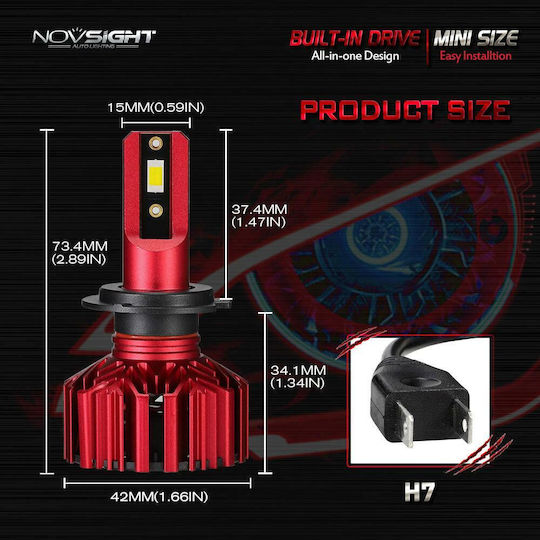 NovSight Car Lamps H7 LED 6000K Cold White 12V 60W 2pcs
