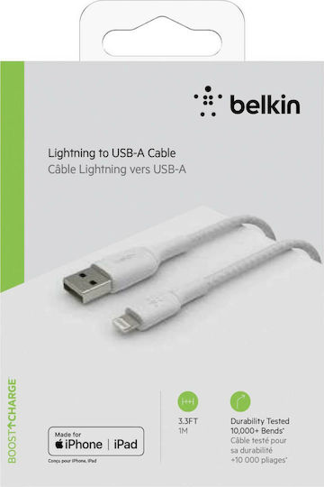 Belkin Coated Mfi Cert USB-A to Lightning Cable 12W White 1m (CAA002bt1MWH)