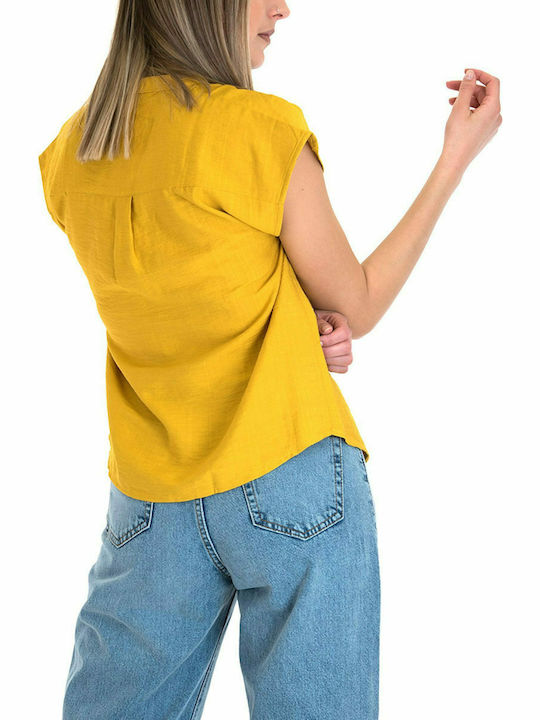 Only Damen Sommer Bluse Kurzärmelig mit V-Ausschnitt Mustard