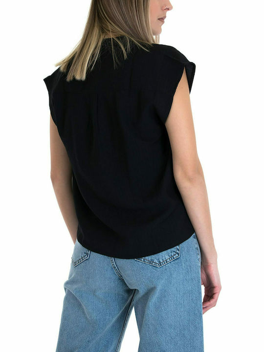 Only Women's Summer Blouse Short Sleeve with V Neckline Black