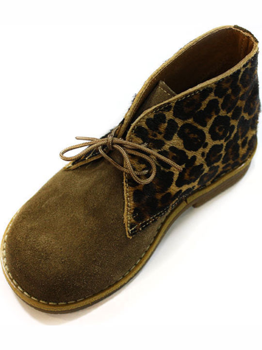 Leather anatomic children's anatomical bootie in leopard pony skin color and grey suede