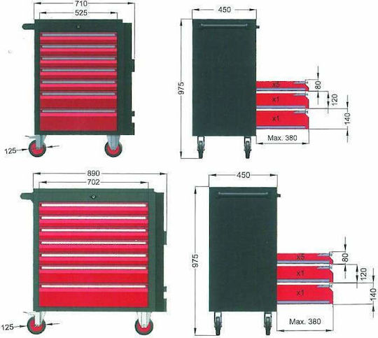 Benman Wheeled Metallic Tool Carrier with 7 Drawers W71xD45xH97.5cm