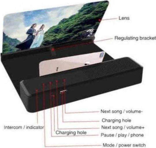 Phone Screen Magnifier F12 with Bluetooth Speaker in Black color