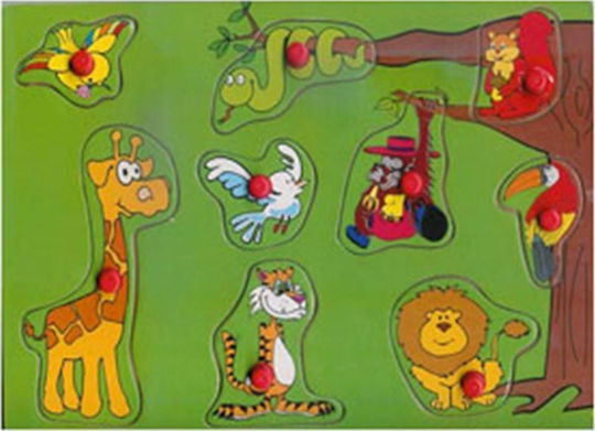 Wooden Kids Peg Puzzle Wild Animals I for 2+ Years 9pcs Anelixi