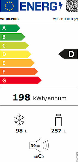 Whirlpool Ψυγειοκαταψύκτης 355lt Total NoFrost Υ201.1xΠ59.5xΒ68.8εκ. Inox W9 931D IX H