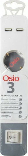 Osio Power Strip 3 Positions with 2 USB-A, Switch and Cable 1.5m