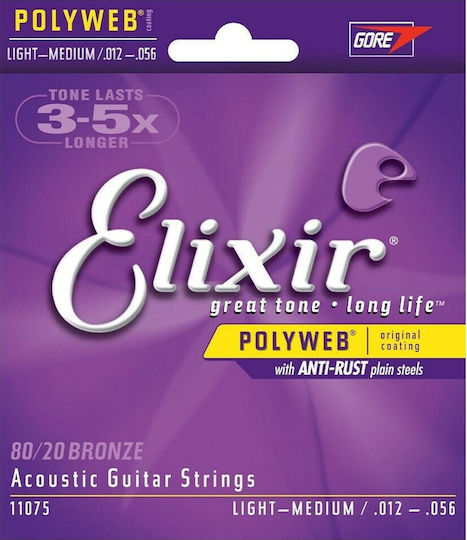 Elixir Set of 80/20 Bronze Strings for Acoustic Guitar Polyweb Light/Medium 12 - 56"