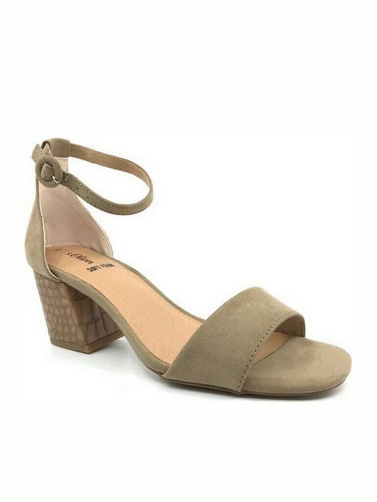 S.Oliver Suede Women's Sandals with Ankle Strap Beige with Chunky Medium Heel