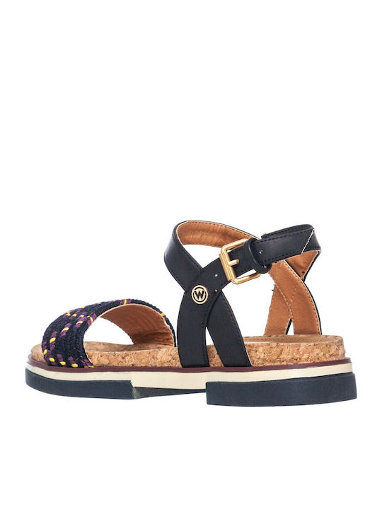 Ribbon Harvey Leather Women's Flat Sandals with Strap in Navy Blue Color