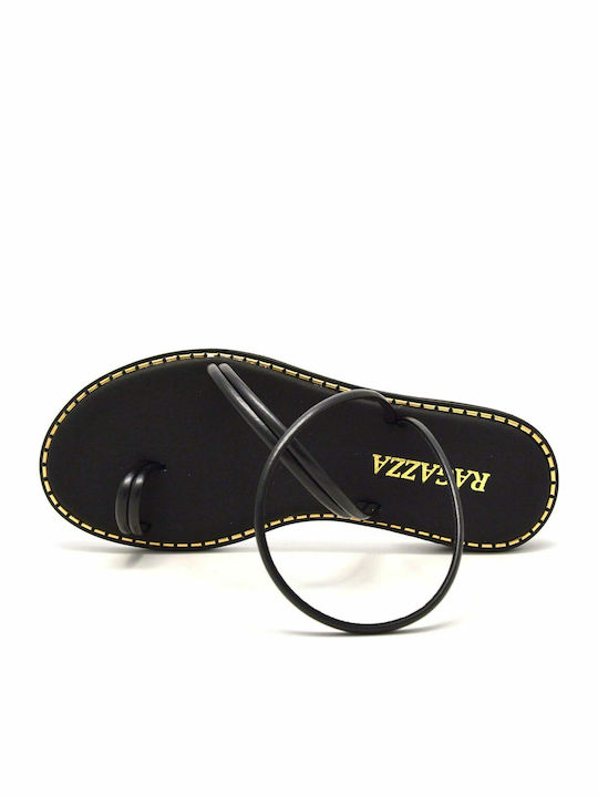 Leather Women's Flat Sandals Anatomic with Strap in Black Color