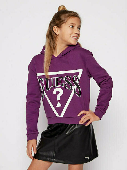 Guess Kids Fleece Sweatshirt with Hood Purple Logo Hoodie