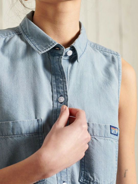 Fără mâneci Femei Denim Cămașă Albastru deschis