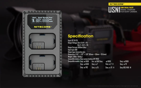 NiteCore Double Battery Charger USN1 Compatible with Sony