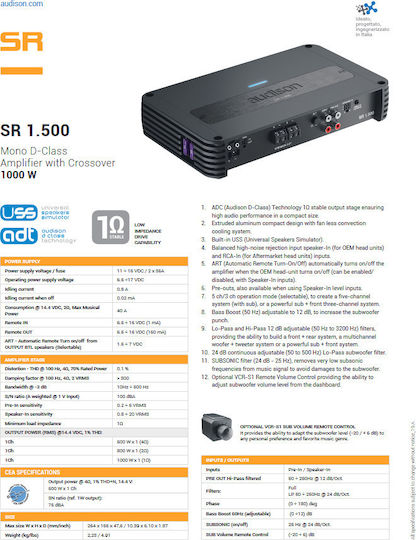 Audison Amplificator Audio Auto SR 1.500 1 Canal (Clasa D)