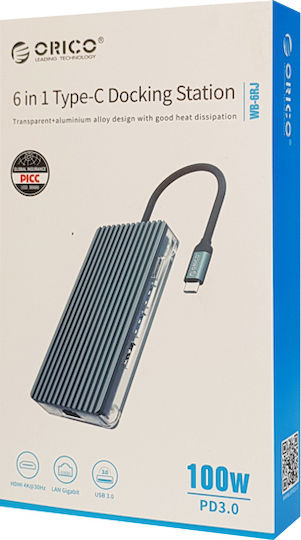 Orico WB-6RJ USB-C Docking Station με HDMI 4K PD Ethernet Γκρι