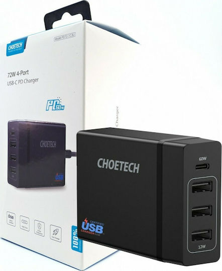 Choetech Βάση Φόρτισης με 3 Θύρες USB-A και Θύρα USB-C 72W Power Delivery σε Μαύρο χρώμα (PD72-1C3U)