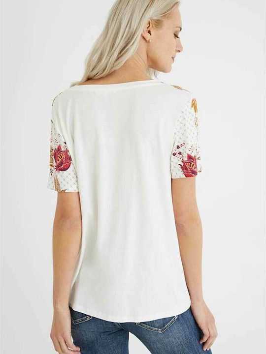 Desigual Praga Women's T-shirt with V Neckline Floral White