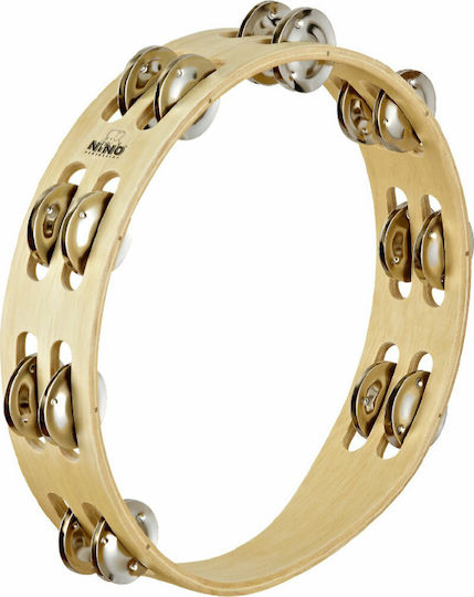 Nino Percussion Beige Hölzernes Handtamburin mit doppelter Reihe von Zils