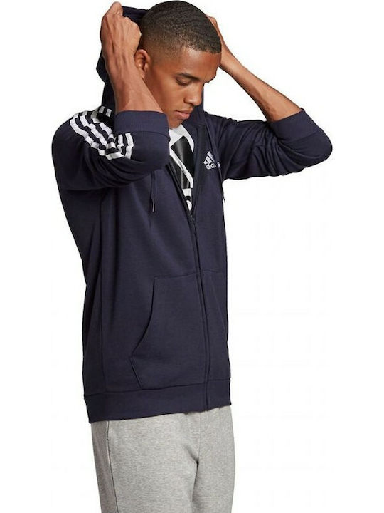 Essentials 3-Stripes Logo Cardigan With Hood Navy Blue
