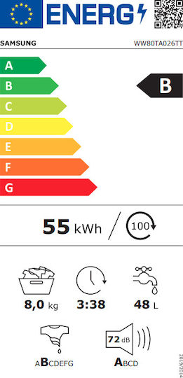 Samsung Πλυντήριο Ρούχων 8kg με Τεχνολογία Ατμού 1200 Στροφών Ecobubble WW80TA026TT/LE
