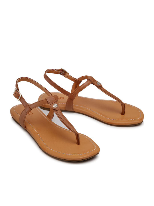 Madeena 1119759 Leather Women's Flat Sandals with Strap in Tabac Brown Color