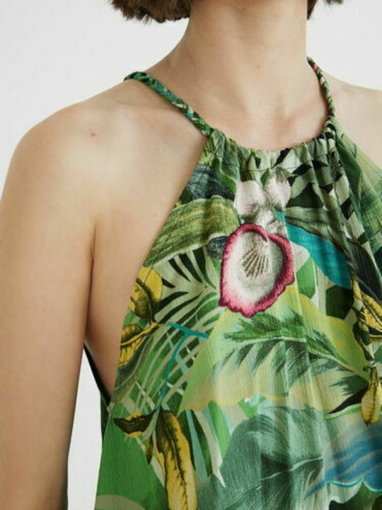 Desigual Women's Summer Blouse Sleeveless with Tie Neck Floral Green