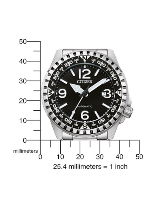 Citizen Promaster Ανδρικό Ρολόι 46mm Αυτόματο με Ασημί Μεταλλικό Μπρασελέ