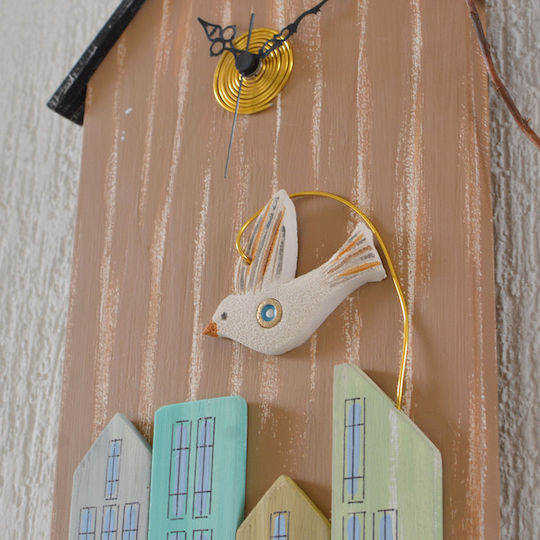 Kapadakis Wood Art Houses With Ceramic Dove Wall Clock Wooden Colorful 25x50cm