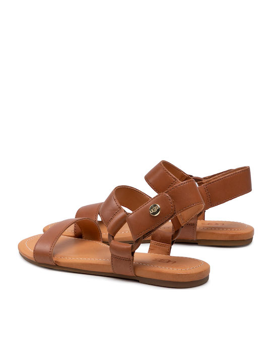 1117284 Leather Women's Flat Sandals with Strap in Tabac Brown Color