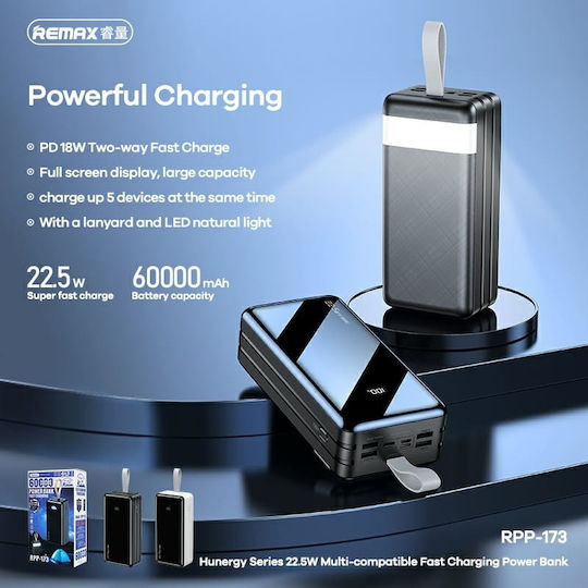 Remax RPP-173 Power Bank 60000mAh 22.5W with 4 USB-A Ports and USB-C Port Black