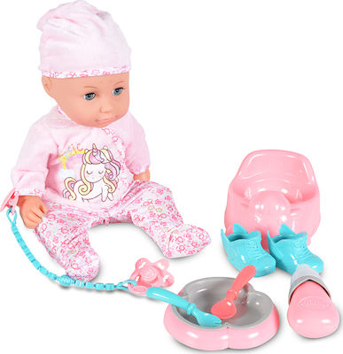 Moni Baby Doll Set Κούκλα με Αξεσουάρ Φαγητού και Ροζ Φορμάκι for 3+ Years Old 36 cm. 108403