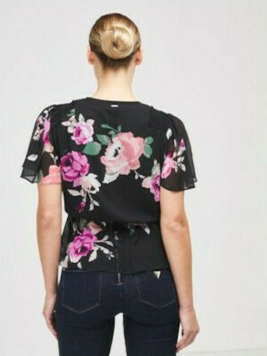 Guess Damen Sommer Bluse Kurzärmelig mit V-Ausschnitt Blumen Schwarz