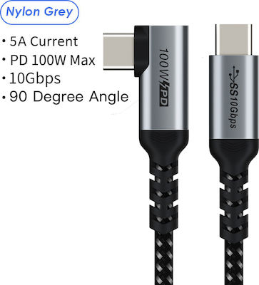 Cabletime C160 PD100W Angle (90°) / Braided USB 3.2 Cable USB-C male - USB-C male Γκρι 1m