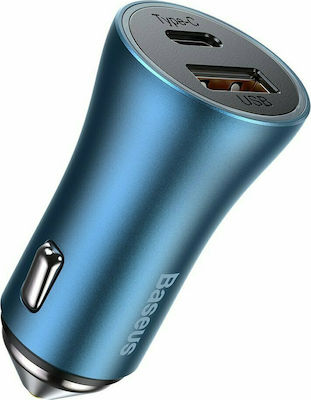 Baseus Car Charger Blue Golden Contactor Pro Total Intensity 3A Fast Charging with Ports: 1xUSB 1xType-C with Cable Type-C