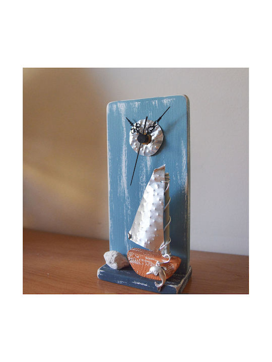 Kapadakis Wood Art Small Boat with Metal Fabric Analog Tabletop Clock with Indicators Multicolour Metal 1153