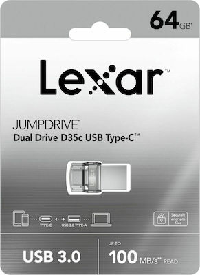 Lexar JumpDrive Dual Drive D35c 64GB USB 3.0 Stick με σύνδεση USB-A & USB-C Ασημί