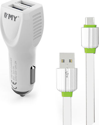Emy Power Φορτιστής Αυτοκινήτου Λευκός MY-112 Συνολικής Έντασης 2.4A με Θύρες: 2xUSB μαζί με Καλώδιο micro-USB